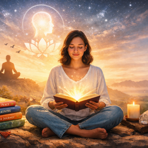 Woman meditating while reading a glowing spiritual book at sunrise, surrounded by candles, crystals, and stacked books symbolizing spiritual awakening and inner peace