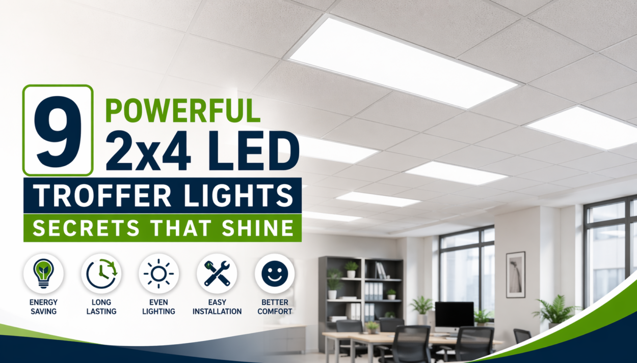 Modern office interior with bright 2x4 LED troffer lights installed in a drop ceiling, showcasing energy-efficient, even lighting design.