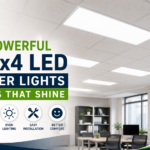 Modern office interior with bright 2x4 LED troffer lights installed in a drop ceiling, showcasing energy-efficient, even lighting design.