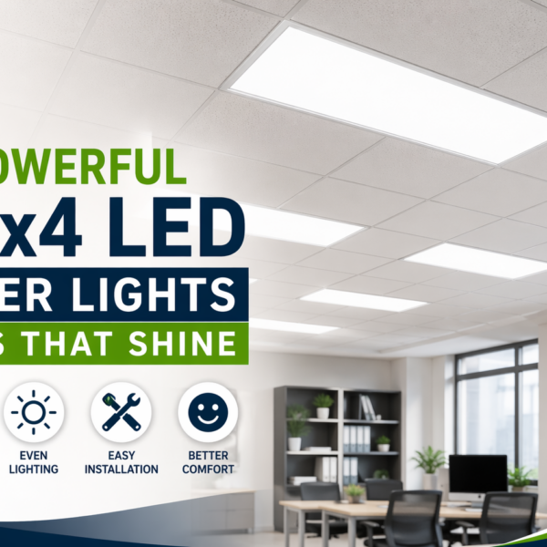 Modern office interior with bright 2x4 LED troffer lights installed in a drop ceiling, showcasing energy-efficient, even lighting design.