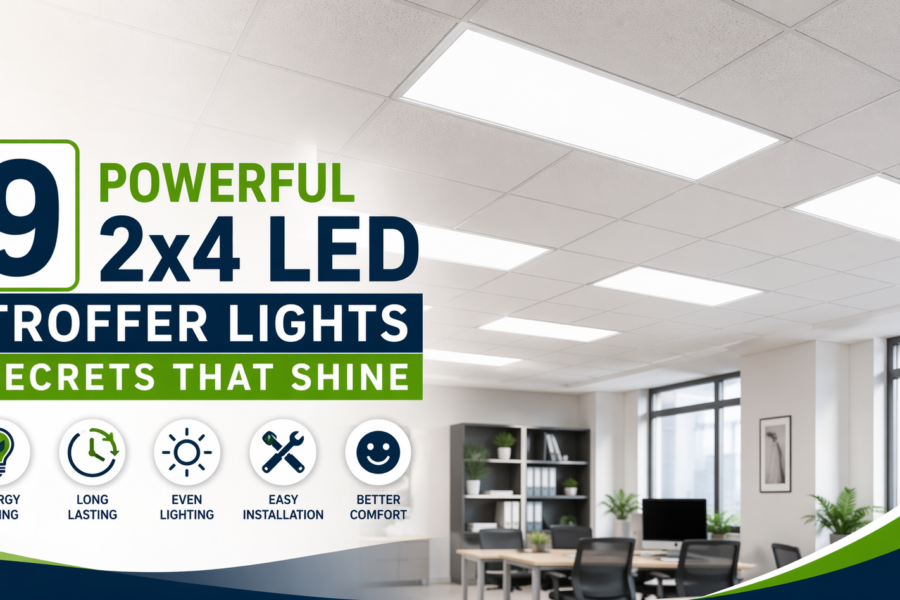 Modern office interior with bright 2x4 LED troffer lights installed in a drop ceiling, showcasing energy-efficient, even lighting design.