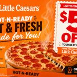 Little Caesars promo code $5 off on hot and fresh pepperoni pizza with limited-time discount offer banner.