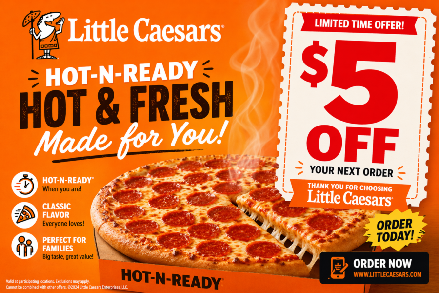 Little Caesars promo code $5 off on hot and fresh pepperoni pizza with limited-time discount offer banner.