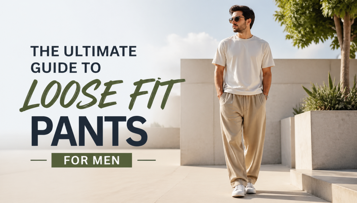 A young man in tan loose fit pants and a white T-shirt, standing confidently in a modern outdoor setting, with greenery and minimalist architecture in the background. The image is part of a guide about loose fit pants for men.