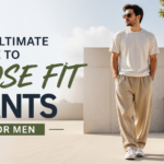 A young man in tan loose fit pants and a white T-shirt, standing confidently in a modern outdoor setting, with greenery and minimalist architecture in the background. The image is part of a guide about loose fit pants for men.