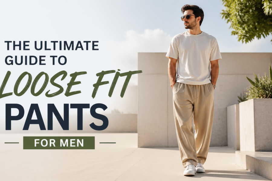 A young man in tan loose fit pants and a white T-shirt, standing confidently in a modern outdoor setting, with greenery and minimalist architecture in the background. The image is part of a guide about loose fit pants for men.