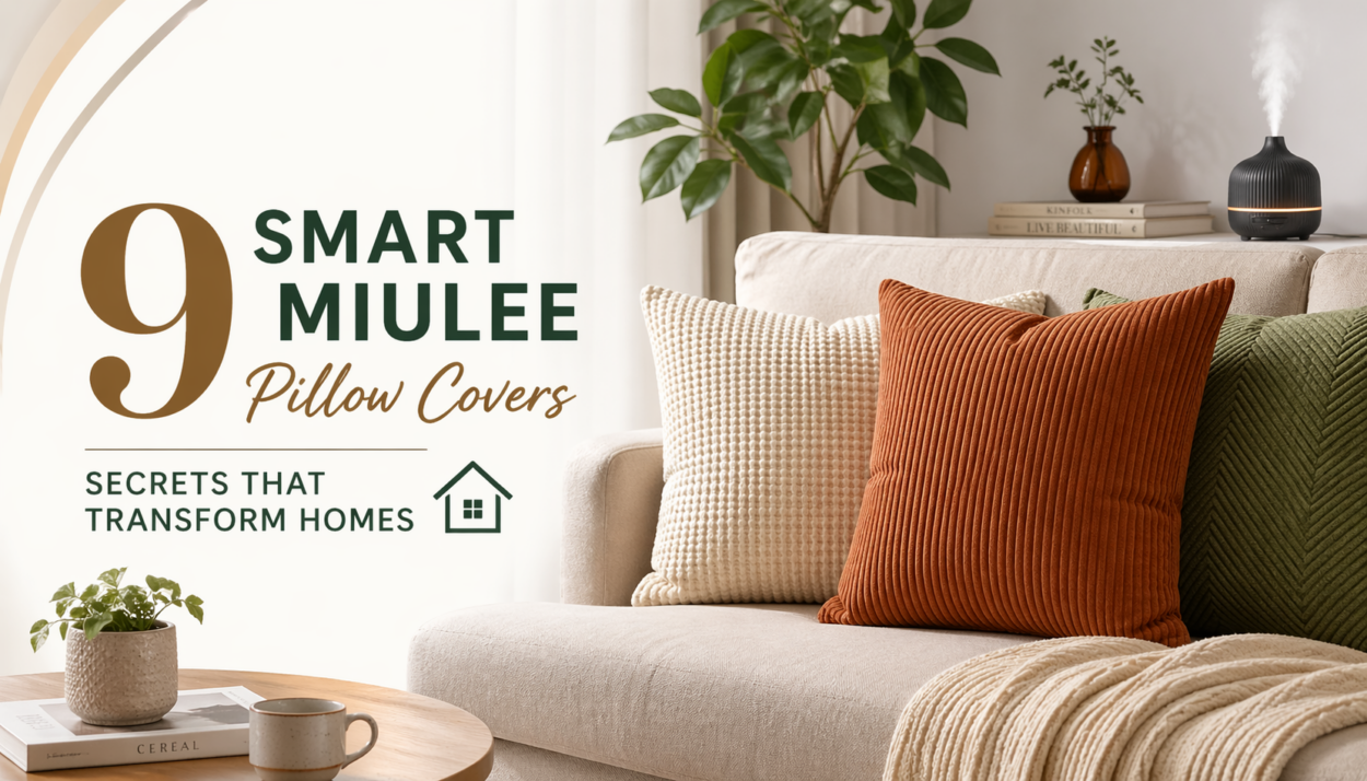 Modern living room with beige sofa and textured miulee pillow covers in rust, cream, and green tones creating a cozy and stylish home setting