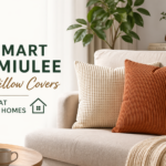 Modern living room with beige sofa and textured miulee pillow covers in rust, cream, and green tones creating a cozy and stylish home setting