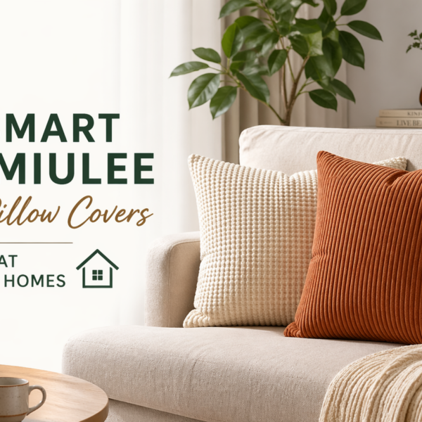 Modern living room with beige sofa and textured miulee pillow covers in rust, cream, and green tones creating a cozy and stylish home setting