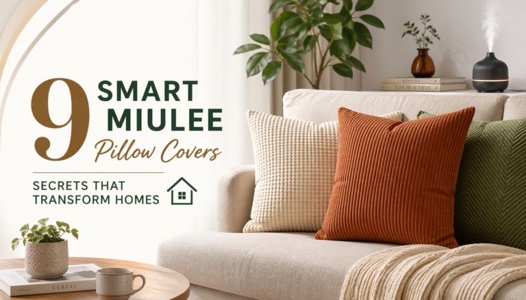 Modern living room with beige sofa and textured miulee pillow covers in rust, cream, and green tones creating a cozy and stylish home setting