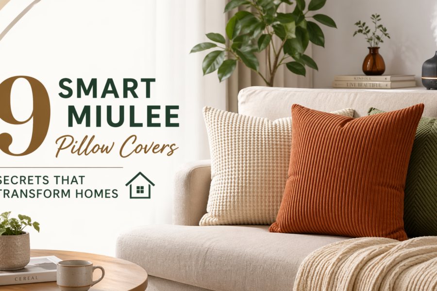 Modern living room with beige sofa and textured miulee pillow covers in rust, cream, and green tones creating a cozy and stylish home setting