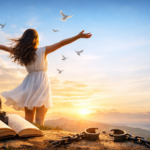 Woman standing on a hill at sunrise with arms open, birds flying overhead, broken chains and an open book symbolizing freedom and poetry