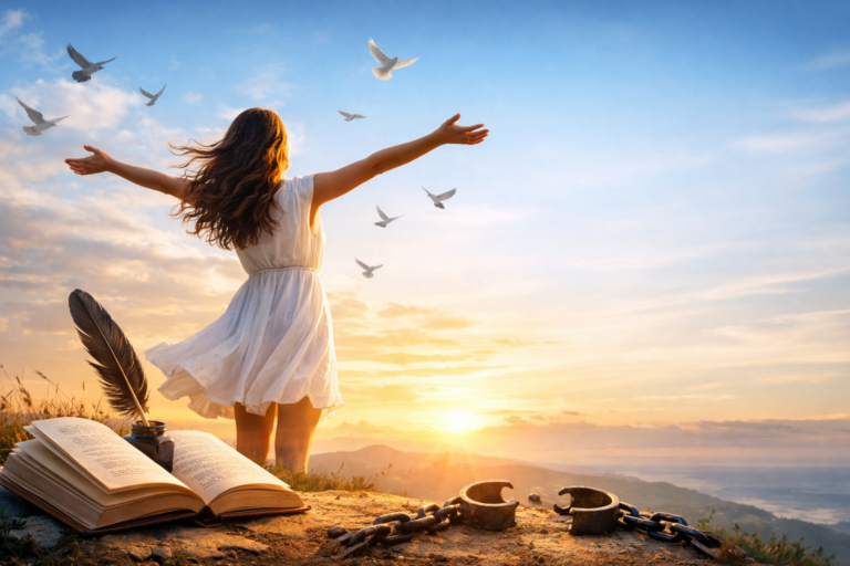 Woman standing on a hill at sunrise with arms open, birds flying overhead, broken chains and an open book symbolizing freedom and poetry
