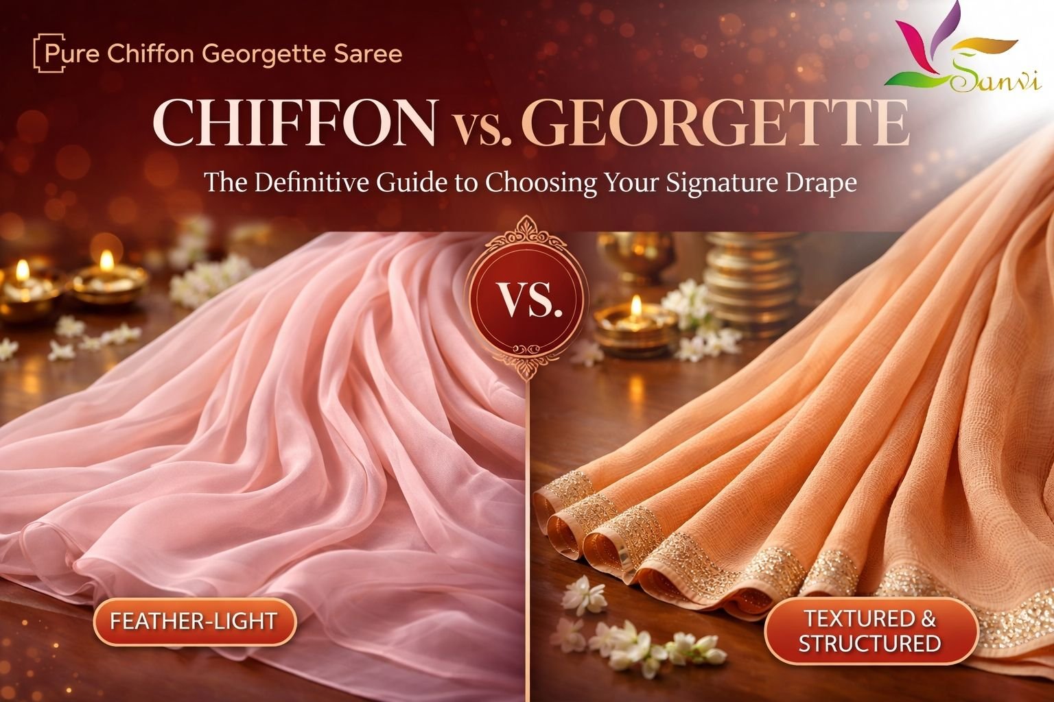 Close-up comparison of a sheer blush pink pure chiffon saree and a textured peach pure georgette saree with Gota Patti work.