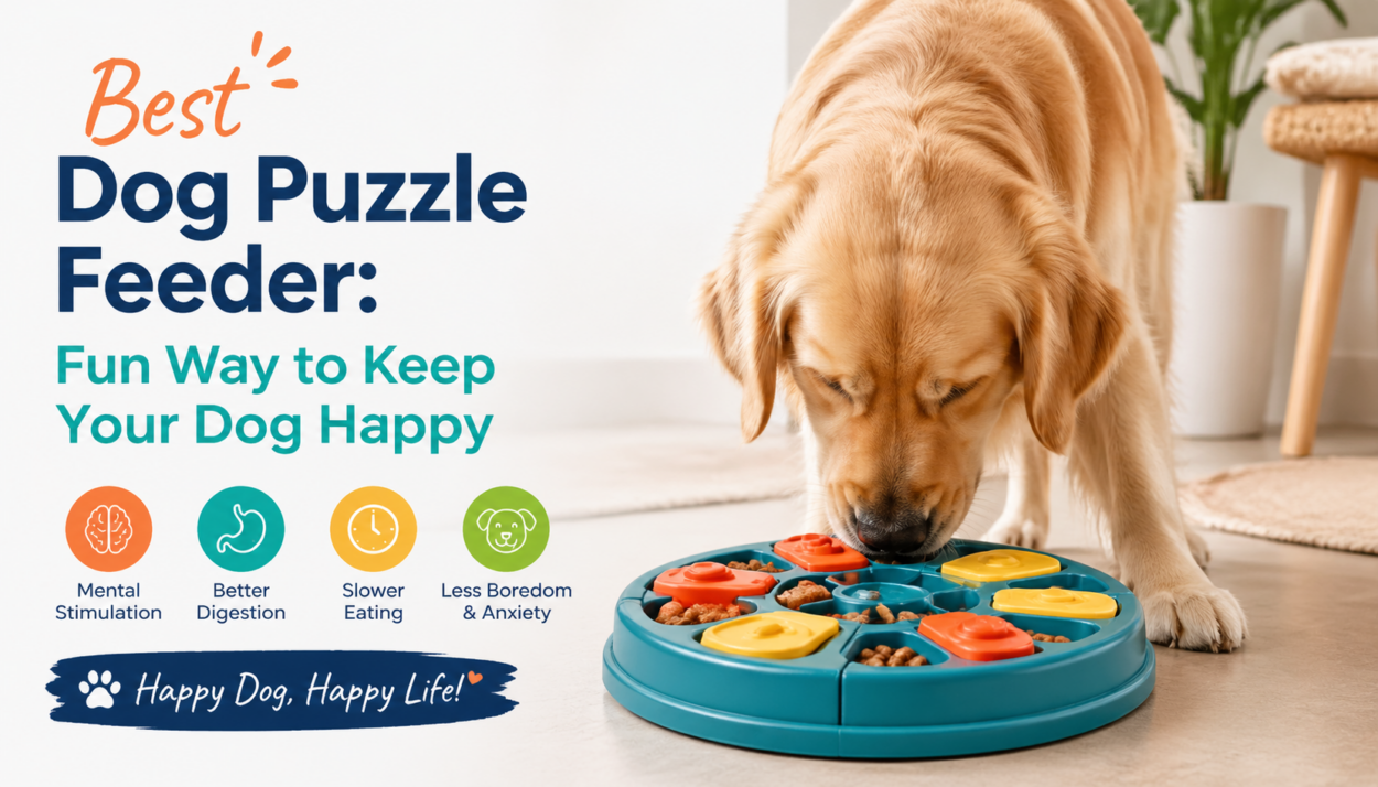 Golden retriever playing with a colorful dog puzzle feeder in a cozy living room.