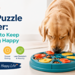 Golden retriever playing with a colorful dog puzzle feeder in a cozy living room.
