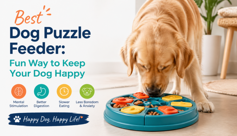 Golden retriever playing with a colorful dog puzzle feeder in a cozy living room.