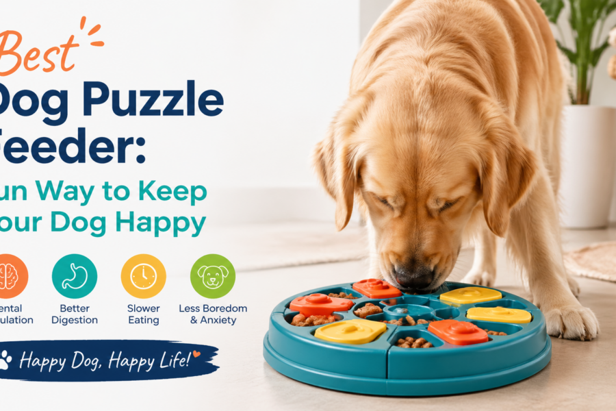 Golden retriever playing with a colorful dog puzzle feeder in a cozy living room.