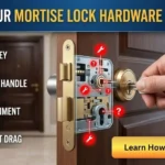 Professional diagram showing common signs of failing mortise lock hardware including sticky keys and sagging handles.