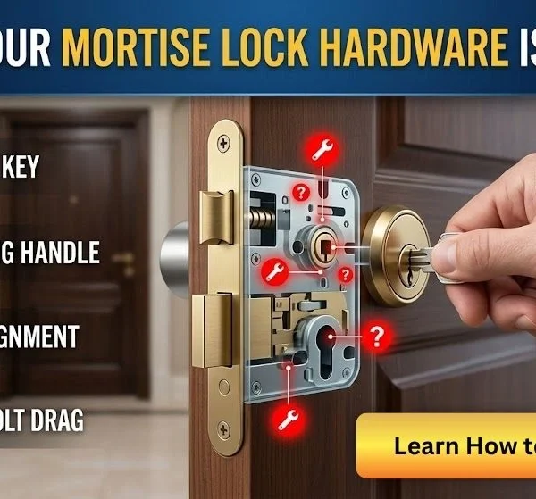 Professional diagram showing common signs of failing mortise lock hardware including sticky keys and sagging handles.