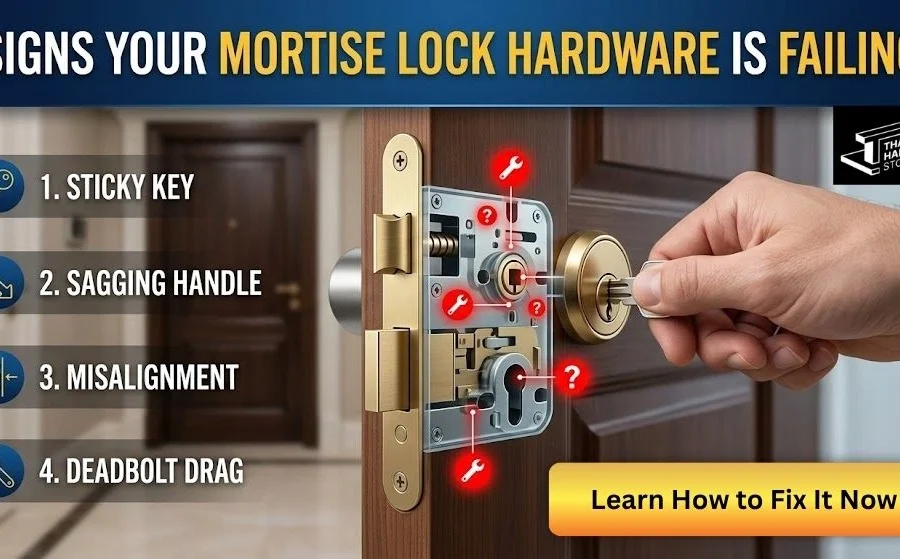 Professional diagram showing common signs of failing mortise lock hardware including sticky keys and sagging handles.