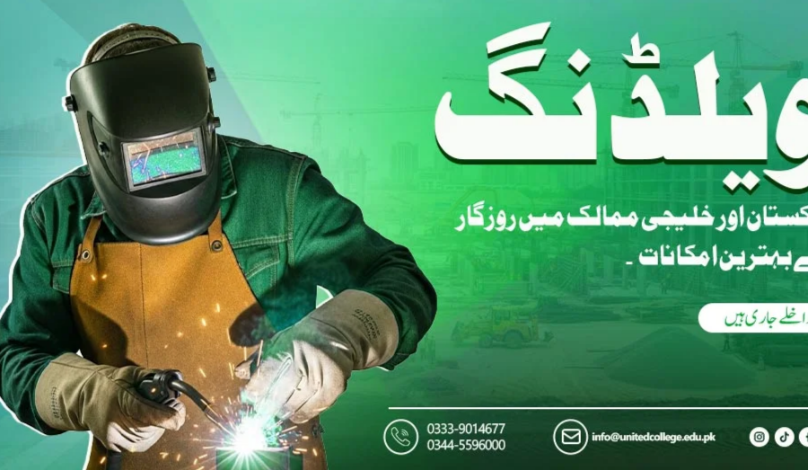 A welder in a helmet works with sparks flying. Text in Urdu about welding opportunities in Pakistan and Gulf countries. Contact info and logo included.
