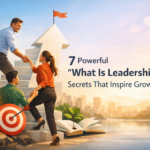 Professional leadership concept showing a man helping team members climb stairs toward success, symbolizing guidance, growth, and teamwork