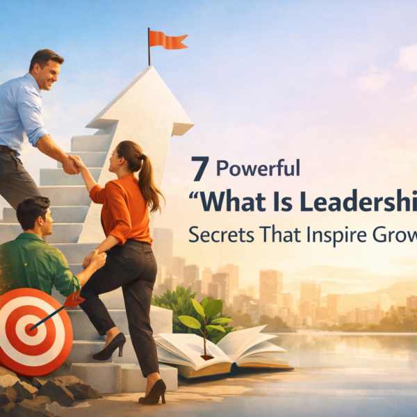 Professional leadership concept showing a man helping team members climb stairs toward success, symbolizing guidance, growth, and teamwork