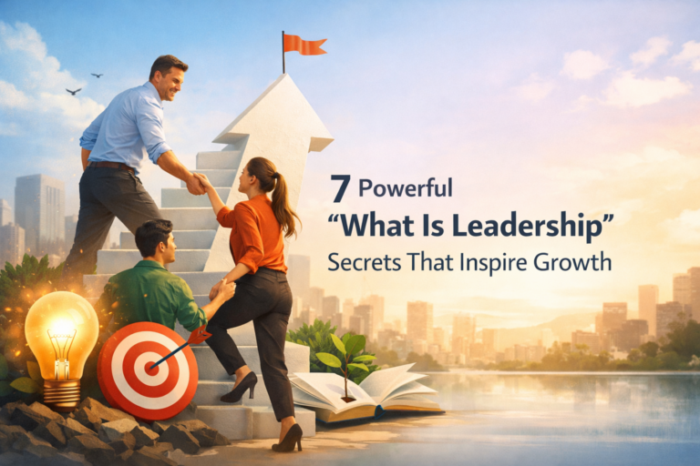 Professional leadership concept showing a man helping team members climb stairs toward success, symbolizing guidance, growth, and teamwork