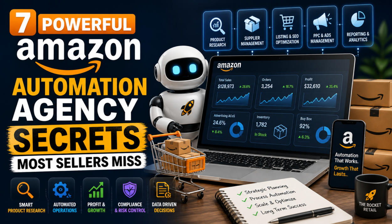 Amazon automation agency blog thumbnail showing a robot, ecommerce dashboard, Amazon boxes, product research icons, and bold text about automation secrets for sellers.