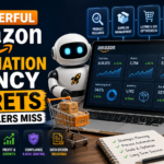 Amazon automation agency blog thumbnail showing a robot, ecommerce dashboard, Amazon boxes, product research icons, and bold text about automation secrets for sellers.