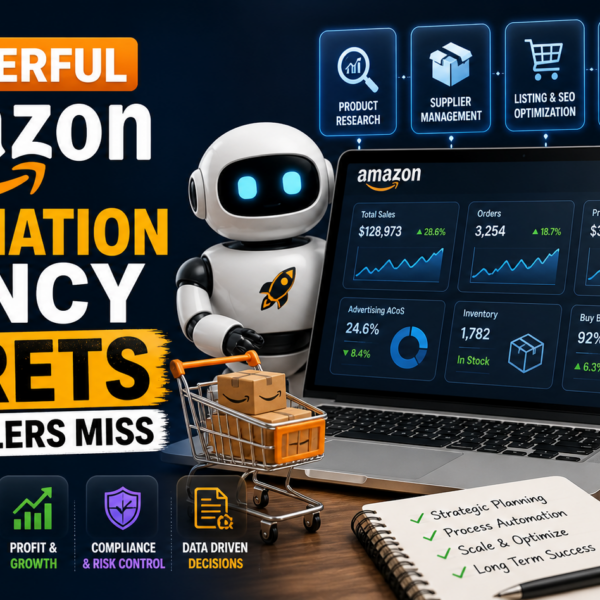 Amazon automation agency blog thumbnail showing a robot, ecommerce dashboard, Amazon boxes, product research icons, and bold text about automation secrets for sellers.