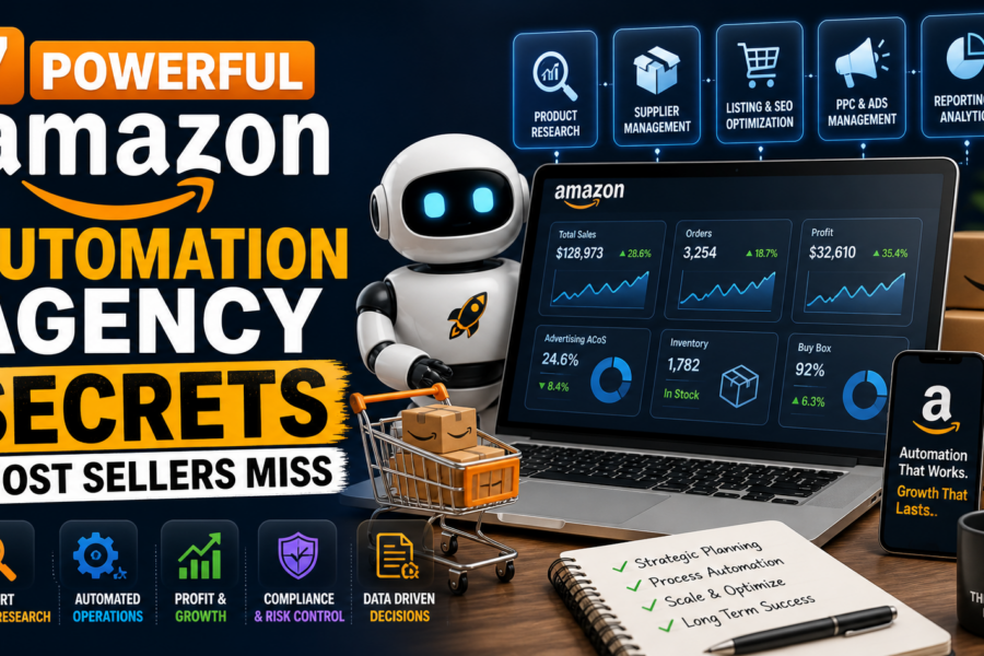 Amazon automation agency blog thumbnail showing a robot, ecommerce dashboard, Amazon boxes, product research icons, and bold text about automation secrets for sellers.