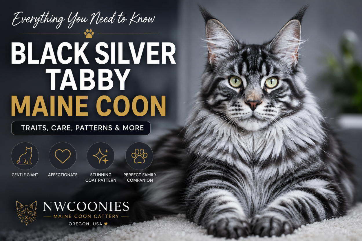 Majestic black silver tabby Maine Coon with thick silver fur and striking black tabby pattern