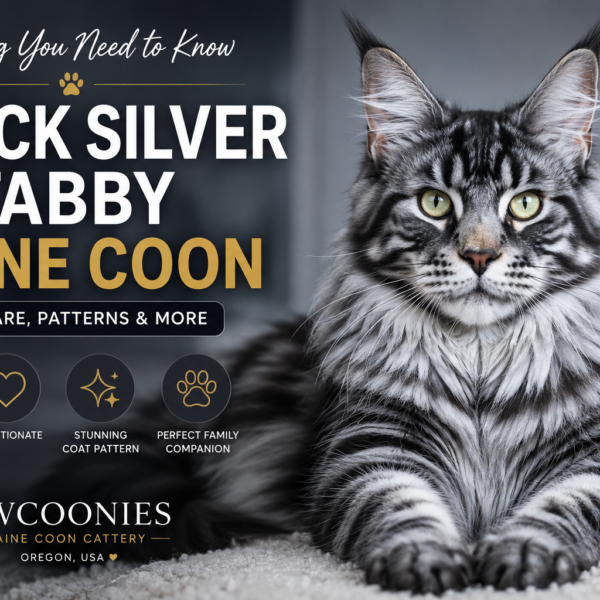 Majestic black silver tabby Maine Coon with thick silver fur and striking black tabby pattern
