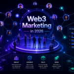 Futuristic Web3 marketing illustration showing a connected digital community network around a central platform, with glowing nodes, user avatars, and UI dashboards highlighting growth metrics, engagement, and global participation, featuring the title “Web3 Marketing in 2026”.