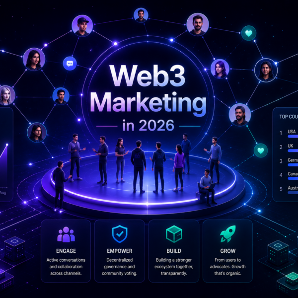 Futuristic Web3 marketing illustration showing a connected digital community network around a central platform, with glowing nodes, user avatars, and UI dashboards highlighting growth metrics, engagement, and global participation, featuring the title “Web3 Marketing in 2026”.