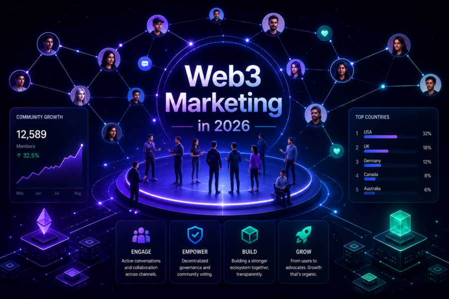 Futuristic Web3 marketing illustration showing a connected digital community network around a central platform, with glowing nodes, user avatars, and UI dashboards highlighting growth metrics, engagement, and global participation, featuring the title “Web3 Marketing in 2026”.