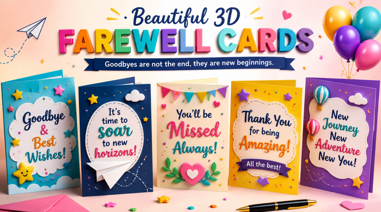 Colorful 3D online leaving cards with farewell messages, goodbye wishes, balloons, and group ecards design for digital celebrations and coworker farewells.