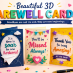 Colorful 3D online leaving cards with farewell messages, goodbye wishes, balloons, and group ecards design for digital celebrations and coworker farewells.
