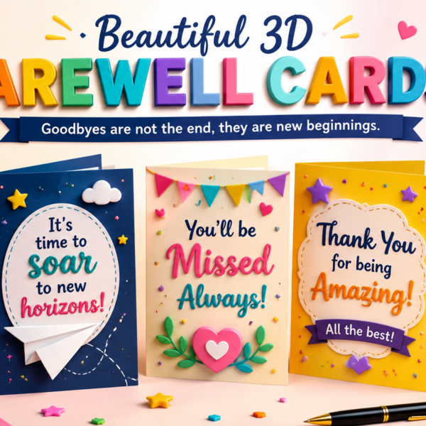 Colorful 3D online leaving cards with farewell messages, goodbye wishes, balloons, and group ecards design for digital celebrations and coworker farewells.