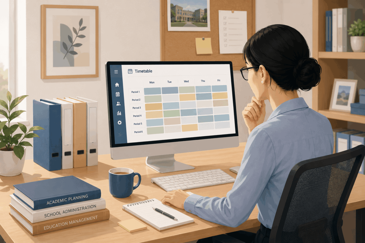 Illustration of a school administrator reviewing a digital timetable management dashboard on a desktop computer in a modern office workspace, surrounded by academic planning books, files, and office decor.