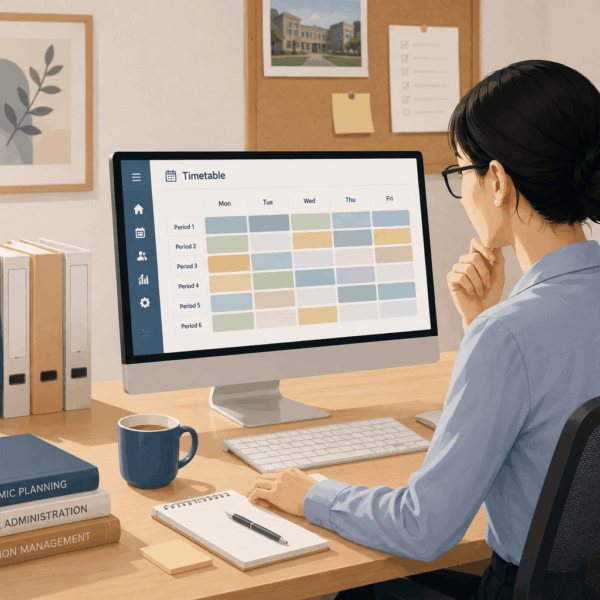 Illustration of a school administrator reviewing a digital timetable management dashboard on a desktop computer in a modern office workspace, surrounded by academic planning books, files, and office decor.