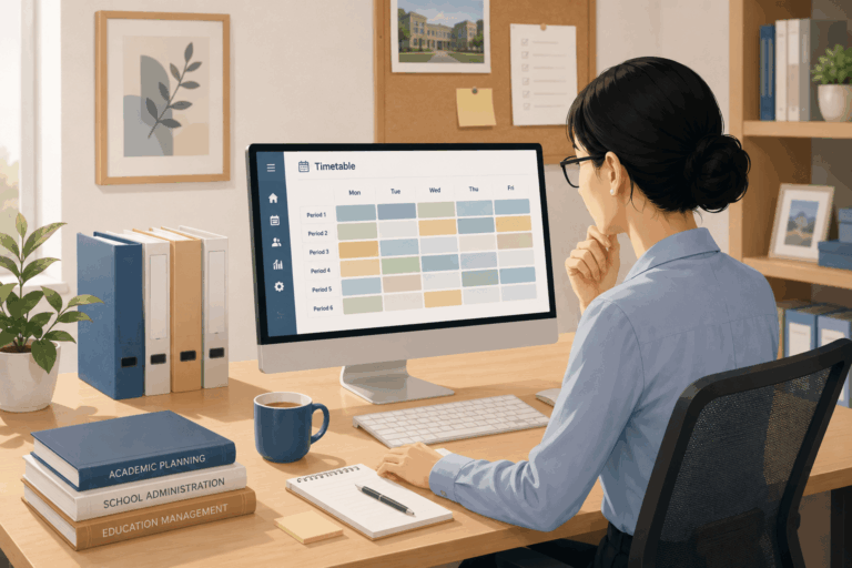 Illustration of a school administrator reviewing a digital timetable management dashboard on a desktop computer in a modern office workspace, surrounded by academic planning books, files, and office decor.