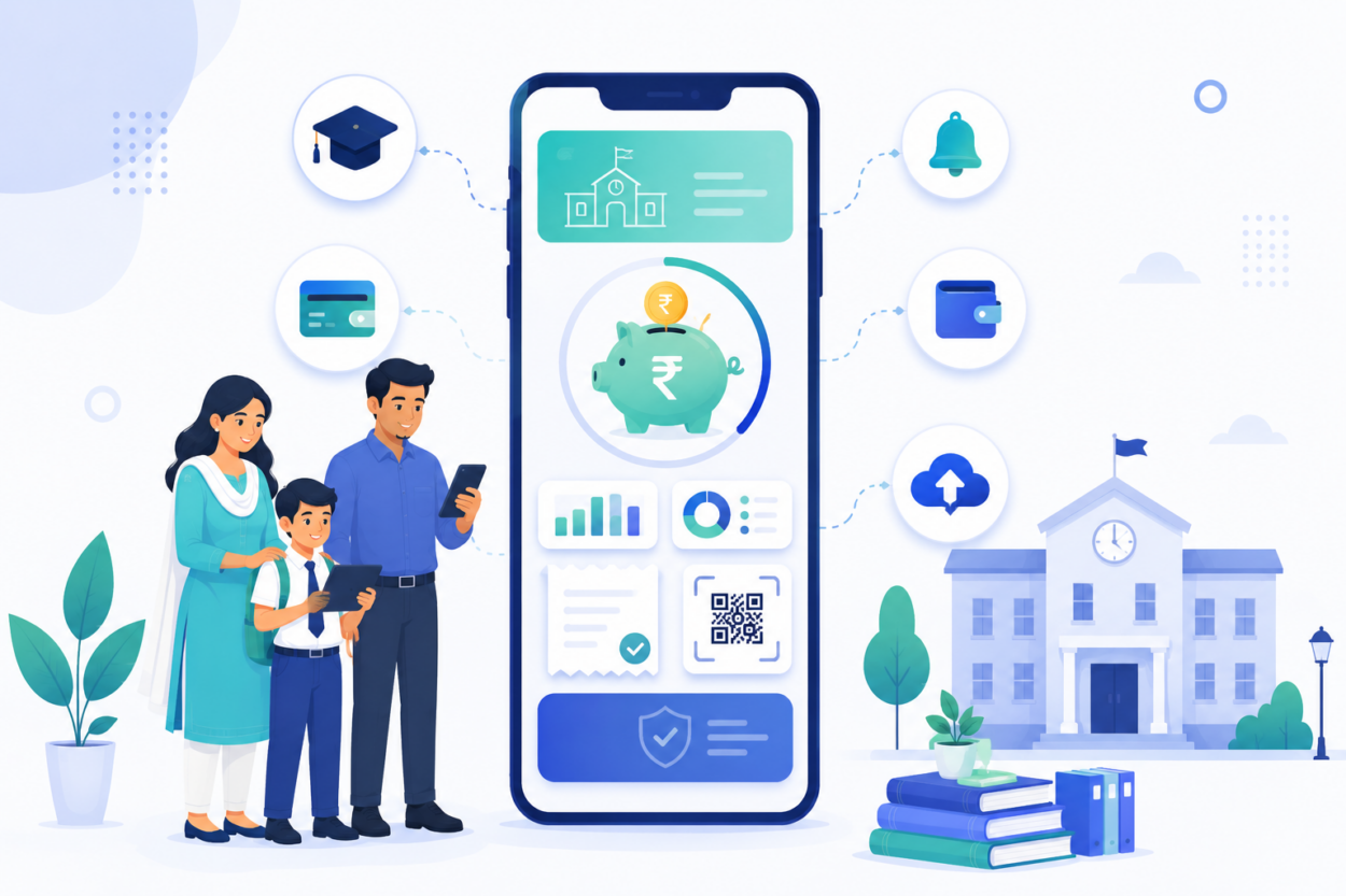 Modern school fee management system showing automated digital payments, online fee collection dashboard, parent mobile payments, and smart school ERP automation for efficient school administration.