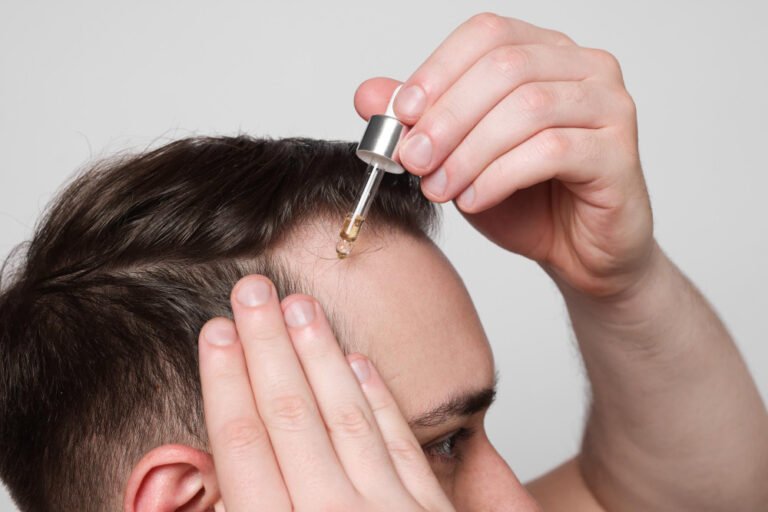 Man applying serum to scalp