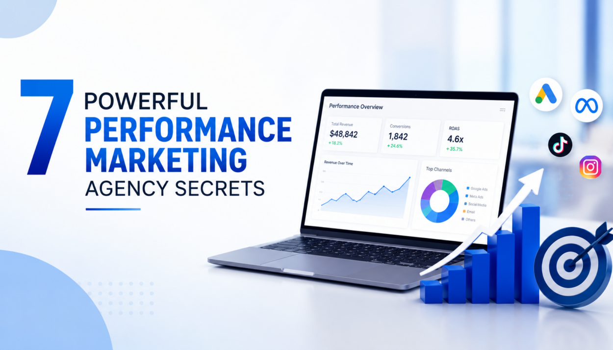 Professional blog thumbnail showing the title “7 Powerful Performance Marketing Agency Secrets” beside a laptop with marketing analytics, growth charts, ad platform icons, and a target symbol.