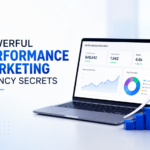 Professional blog thumbnail showing the title “7 Powerful Performance Marketing Agency Secrets” beside a laptop with marketing analytics, growth charts, ad platform icons, and a target symbol.