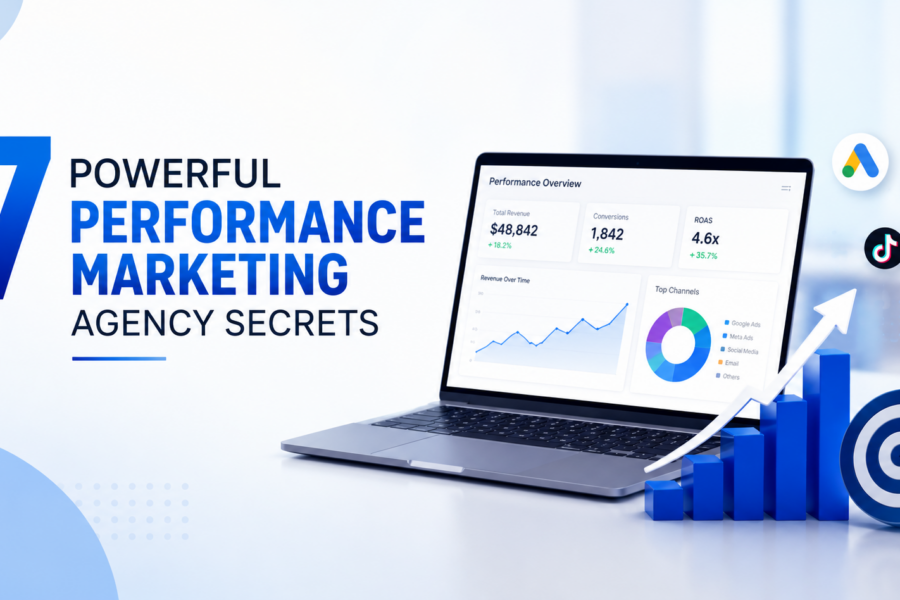 Professional blog thumbnail showing the title “7 Powerful Performance Marketing Agency Secrets” beside a laptop with marketing analytics, growth charts, ad platform icons, and a target symbol.