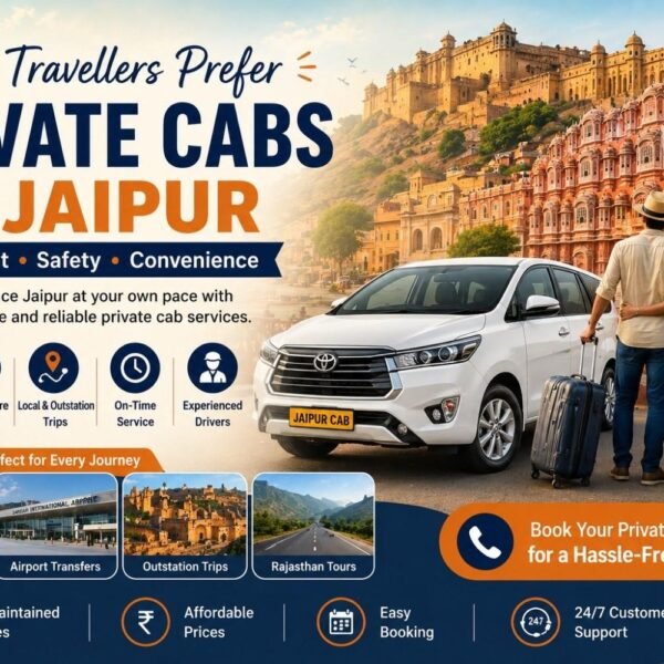 Tourists using private cab service in Jaipur with Innova car near Hawa Mahal and Amber Fort Rajasthan.